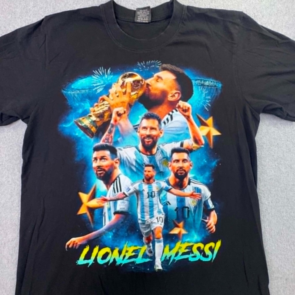 Lionel Messi Argentina World Cup Champions‎ Graphic TShirt Black Sz Large Soccer
